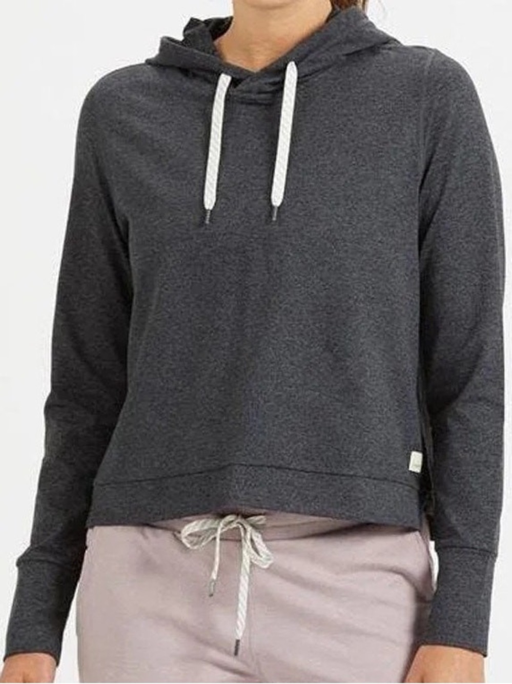 Vuori charcoal gray pullover hoodie with white drawstrings